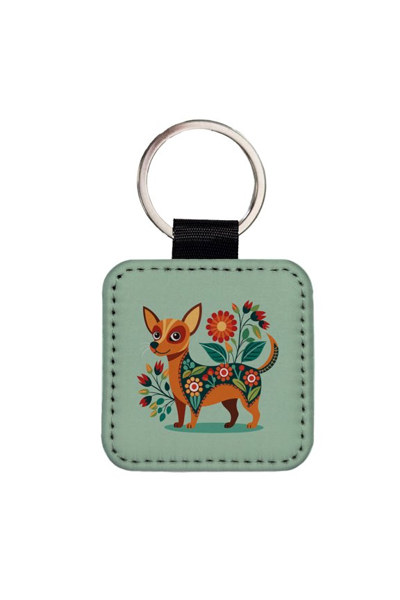 Chiweenie Floral Motif Cute Dog Faux Leather Square Keychain