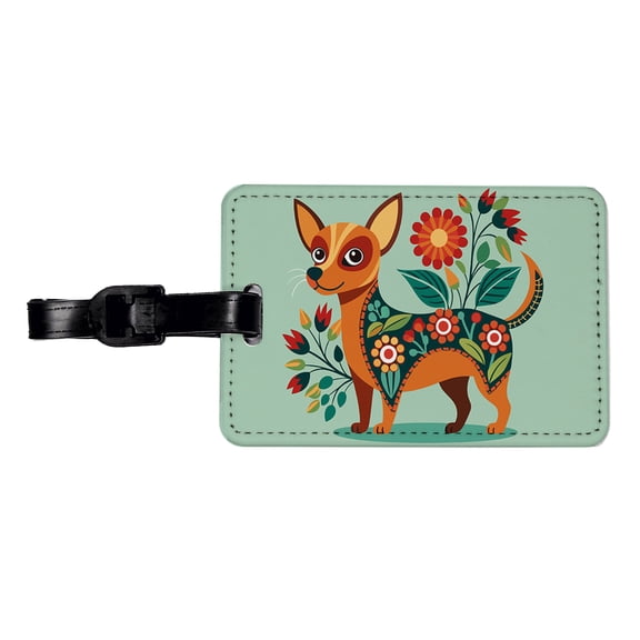 Chiweenie Floral Motif Cute Dog Faux Leather Travel Luggage Tag