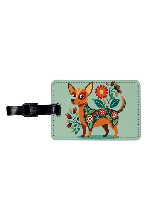 Chiweenie Floral Motif Cute Dog Faux Leather Travel Luggage Tag