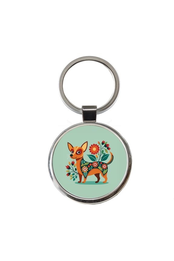 Chiweenie Floral Motif Cute Dog Metal Round Keychain
