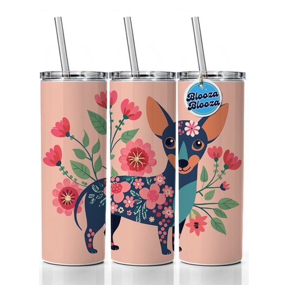 Chiweenie Floral Motif Pink Cute Dog 20oz Insulated Water Bottle Skinny Tumbler Includes Straw