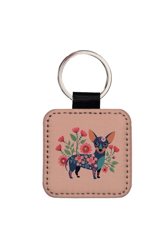 Chiweenie Floral Motif Pink Cute Dog Faux Leather Square Keychain