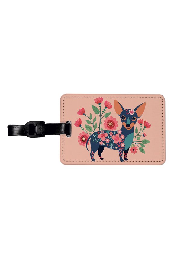 Chiweenie Floral Motif Pink Cute Dog Faux Leather Travel Luggage Tag
