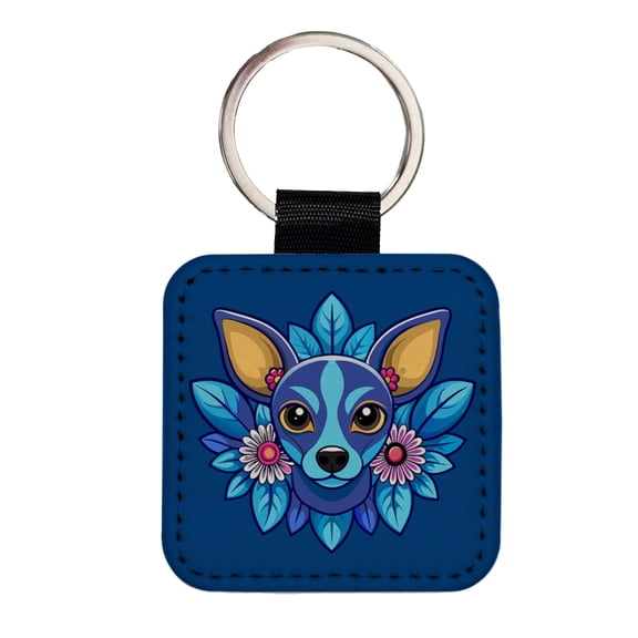 Chiweenie Head Floral Motif Blue Dog Faux Leather Square Keychain