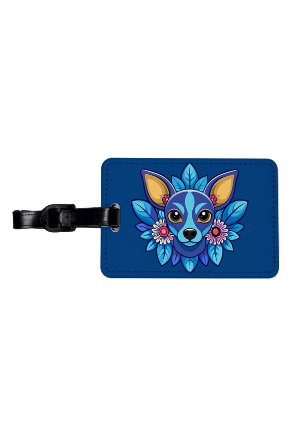 Chiweenie Head Floral Motif Blue Dog Faux Leather Travel Luggage Tag
