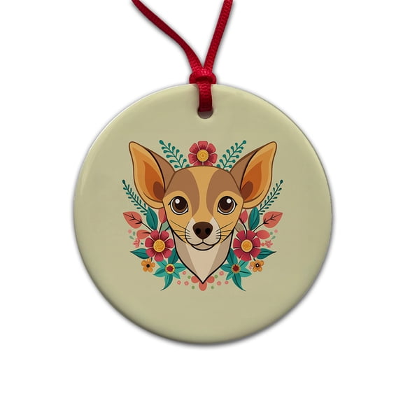 Chiweenie Head Floral Motif Dog Christmas Tree Holiday Round Ceramic Ornament