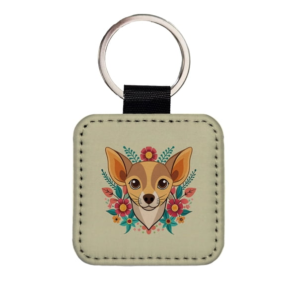 Chiweenie Head Floral Motif Dog Faux Leather Square Keychain