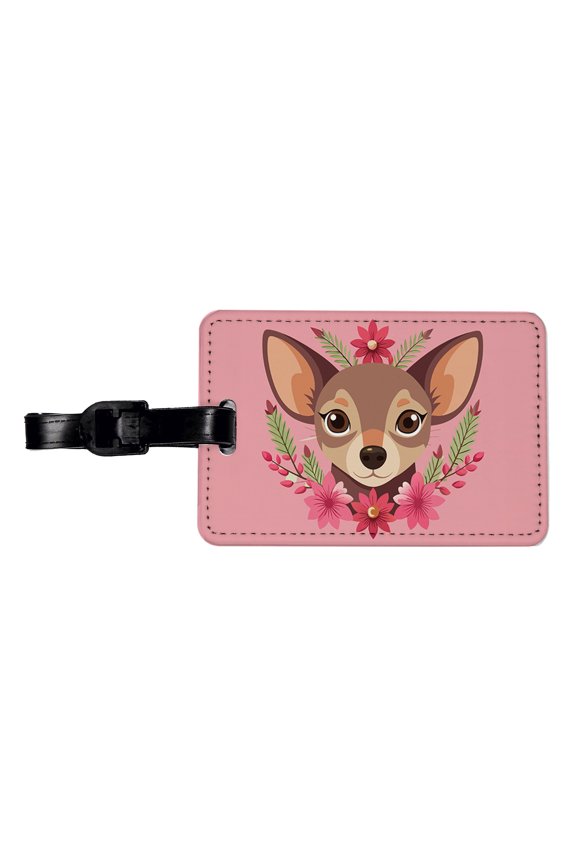 Chiweenie Head Floral Motif Pink Dog Faux Leather Travel Luggage Tag