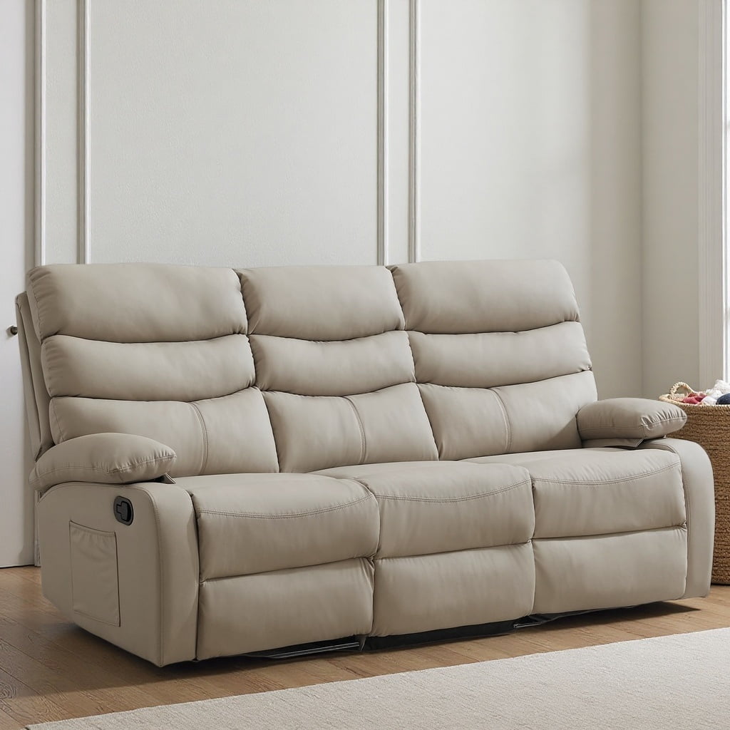 Chizzysit Loveseat Recliner Sofa Set, Small Leather Couch 3-Seater Manual Seater Recliner, Triple Recliner Chair for Living Room, RV, Home Theater Seating - Beige