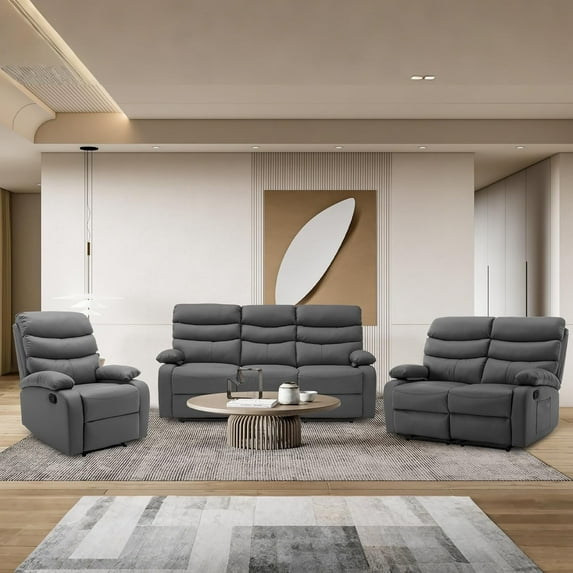 Chizzysit Recliner Sofa Set Leather Couch with Side Pockets and Reclining Seats for Living Room, Home Theater - Dark Gray
