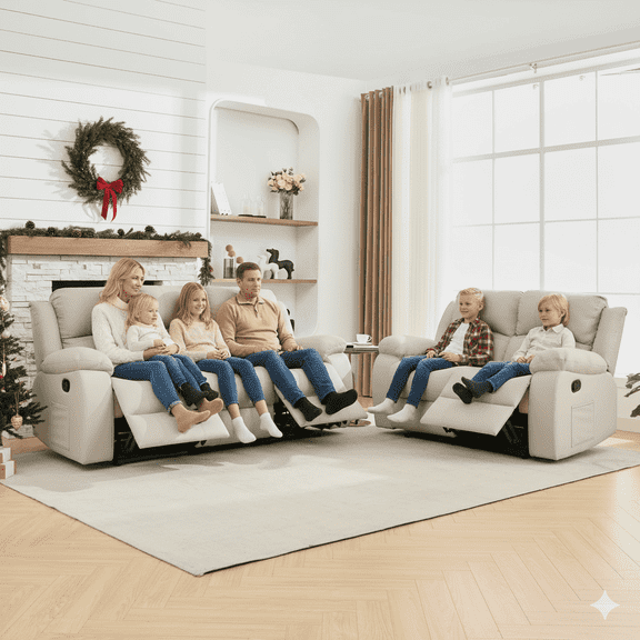 Chizzysit Reclining Couch Sleeper Sofa Set Chaise Lounge Chair Leather Recliner Couch Loveseat for Living Room, Theater Seating - Beige