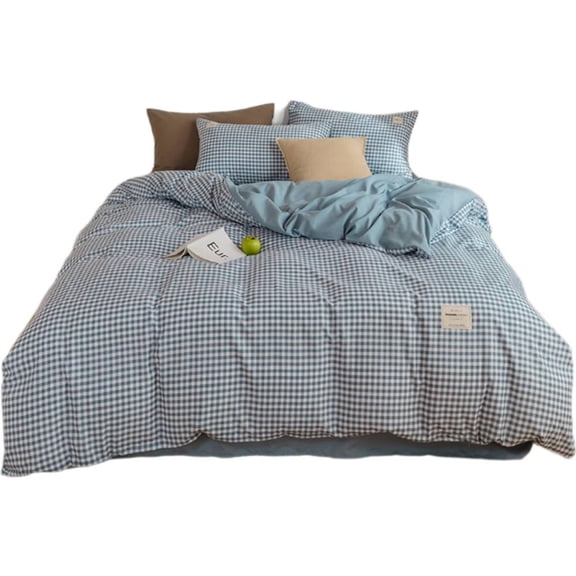 ChliEarime Heicatte 100% Cotton Soft and Comfortable Premium Plaid Duvet and Matching Sheets, 4 Piece Bedding Set, Twin XL(70''x86''), Blue