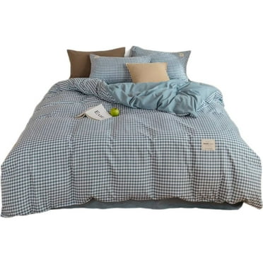 ChliEarime Heicatte 100% Cotton Soft and Comfortable Premium Plaid Duvet and Matching Sheets, 4 Piece Bedding Set, Twin XL(70''x86''), Blue