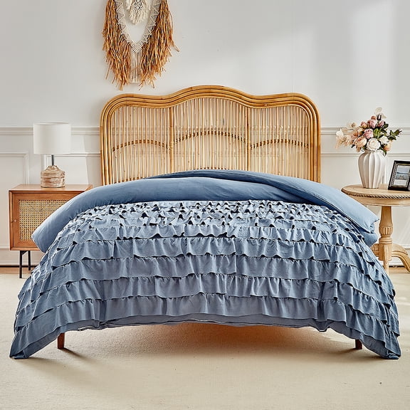 ChliEarime Heicatte Blue Ruffled Comforter Set King 3PCS Multi-Layer Ruffle Bedding Set Ultra-Soft Microfiber All Season for Girls Women Teens