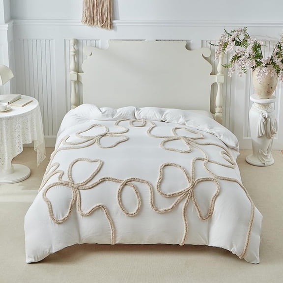ChliEarime Heicatte Boho Comforter Set Queen Size White Bow Tufted Bedding Set 3 Pcs Bohemian Farmhouse Shabby Chic Bowknot Embroidery Bed Set Soft Jacquard Textured Comforter with 2 Pillowcases