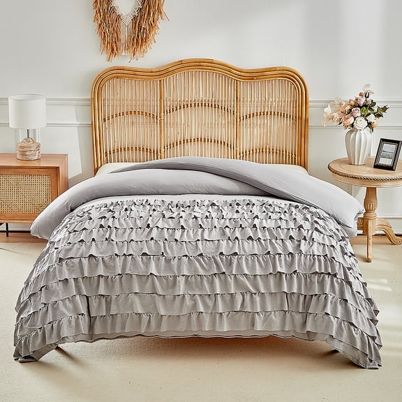 ChliEarime Heicatte Grey Waterfall Ruffle Comforter Set Queen 3PCS Shabby Chic Multi-Layer Ruffled Bedding Set All Season for Girls Women