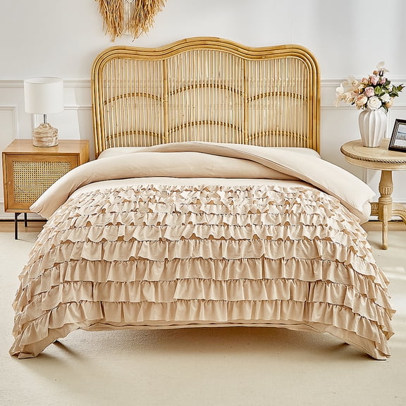 ChliEarime Heicatte Khaki Ruffled Comforter Set Full 3PCS Multi-Layer Ruffle Bedding Set Ultra-Soft Microfiber All Season for Girls Women Teens