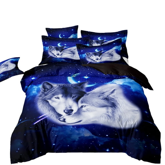 ChliEarime Heicatte Moon Wolf Comforter Set Queen Size 3 Piece Animal Wolves Printed Bedding with 1 Duvet Cover 2 Pillow Shams 3D Wolf Quilted Bed Set for Teen