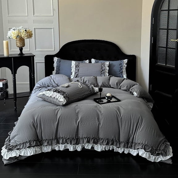 ChliEarime Heicatte Pleated Ruffle Duvet Cover Shabby Chic Boho Bedding Soft Zipper Closure Grey Twin 68" x 90"