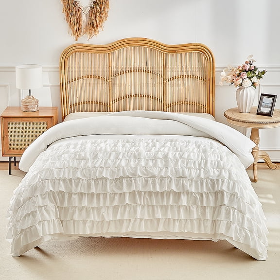 ChliEarime Heicatte White Waterfall Ruffle Comforter Set Queen 3PCS Shabby Chic Multi-Layer Ruffled Bedding Set All Season for Girls Women