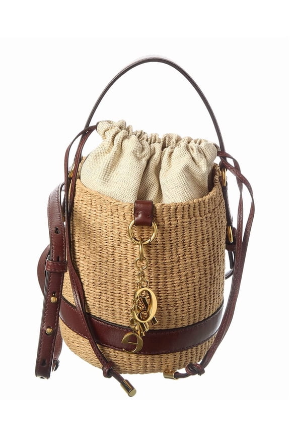 Logo Straw Bucket Bag, Brown