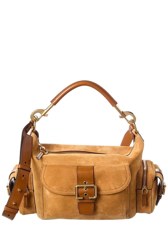 Medium Double Carry Suede & Leather Shoulder Bag, Brown