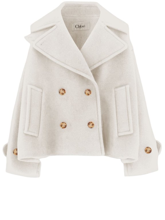 é Short Ivory Coat With Notched Lapel And Double-Breasted Closure (Women's)