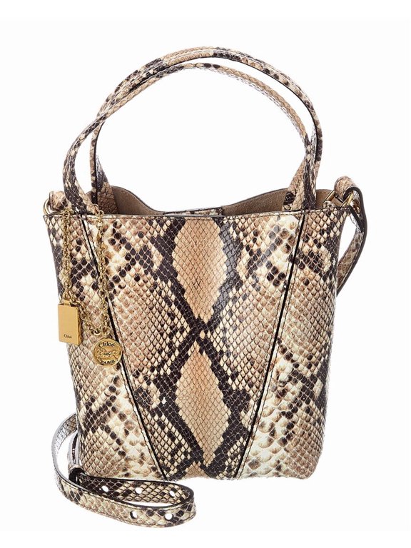 Spin Small Python-Embossed Leather Bucket Bag, Beige