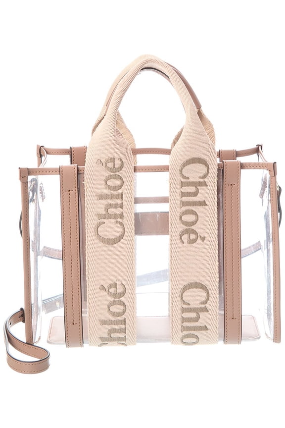 Woody Small Vinyl & Leather Tote, Beige