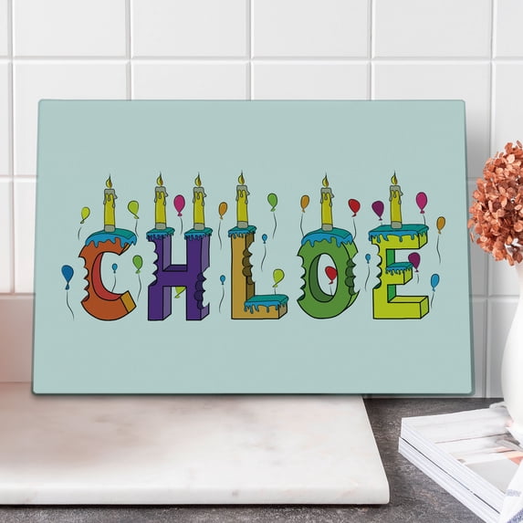 Chloe Cutting Board, Lettering with Cheerful Bitten Cake Candles Girly Birthday Party Design First Name, Decorative Tempered Glass Cutting and Serving Board, Large Size, Multicolor, by Ambesonne