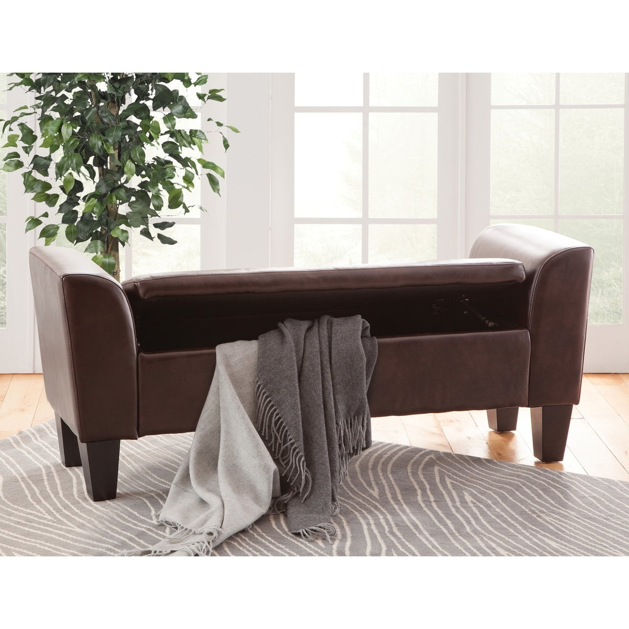 Walnut Dark Brown Faux Leather Storage Bench with Arms