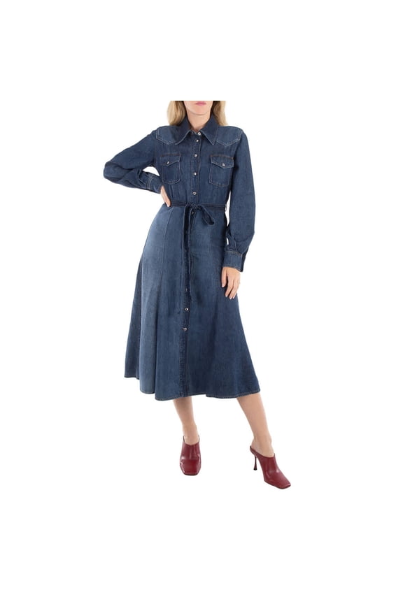 e Ladies Multicolor Blue Belted Denim Shirtdress, Brand Size 38 (US Size 6)