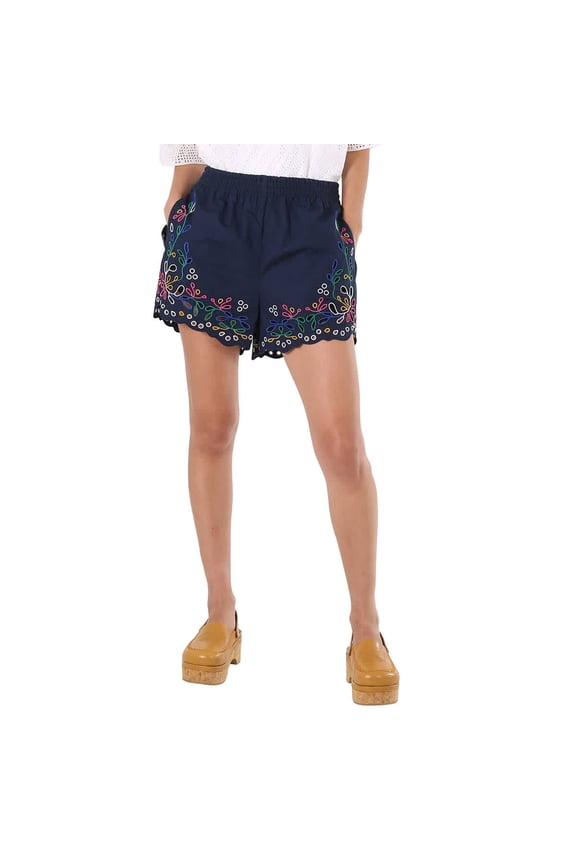 e Ladies Multicolor Blue Embroidered Mini Shorts, Brand Size 38 (US Size 6)