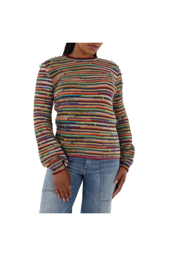 e Ladies Multicolor Rainbow-Striped Frayed Sweater, Size Small