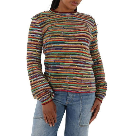 Chloe Ladies Multicolor Rainbow-Striped Frayed Sweater, Size X-Small