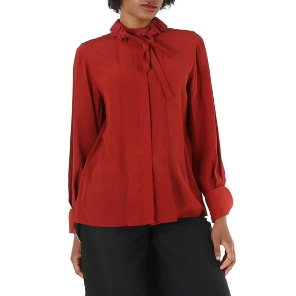 Chloe Ladies Peppery Red Ruffle-Neck Silk Shirt, Brand Size 38 (US Size 6)