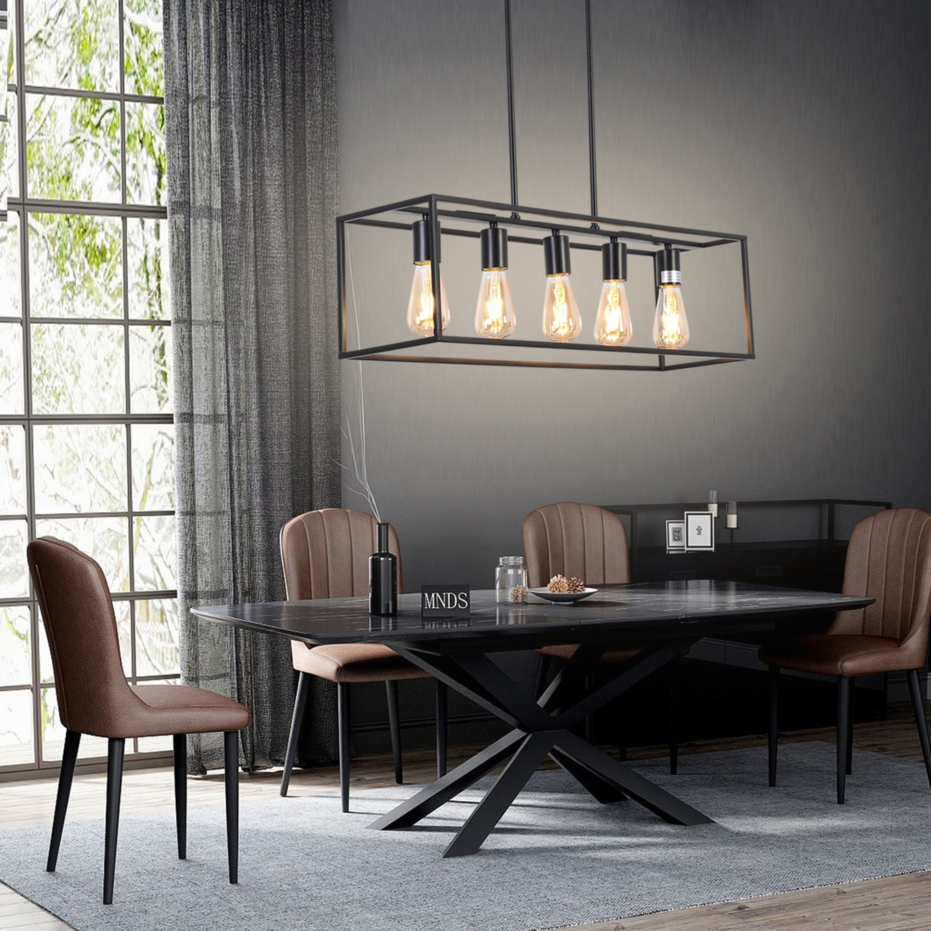 Matte Black Steel 5-Light Linear Chandelier with Exposed Bulbs