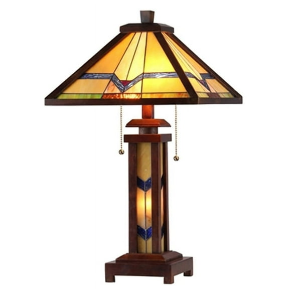 Chloe Lighting Alexander Tiffany-Style 3-Light Mission Double Lit Wooden Table Lamp with 15" Shade
