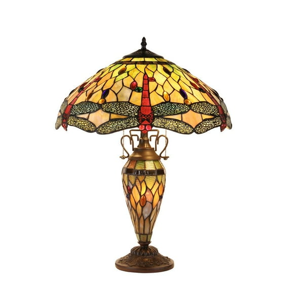 Chloe Lighting Anisoptera Purity Tiffany-Style Dragonfly 3-Light Double Lit Table Lamp with 19" Shade