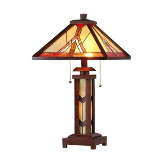 Chloe Lighting Anton Tiffany-Style 3-Light Mission Double Lit Wooden Table Lamp with 15" Shade