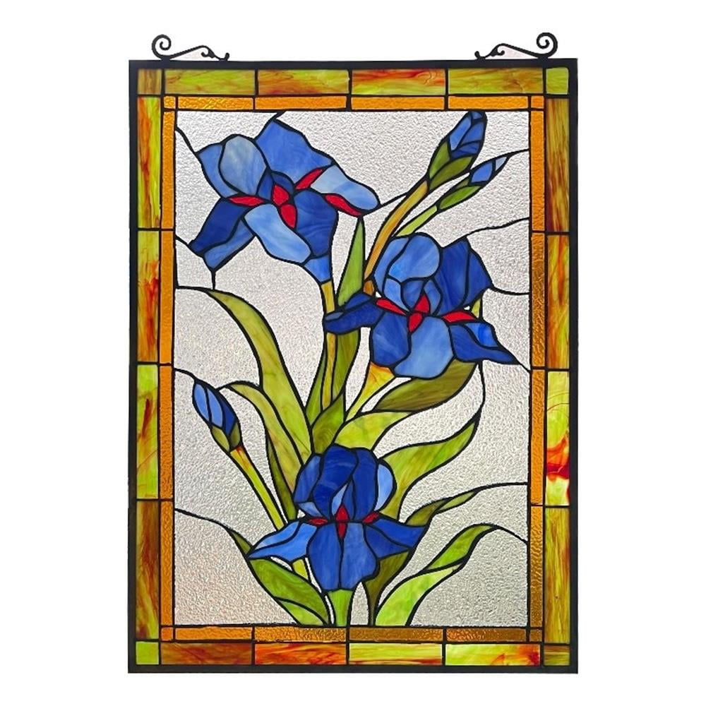 Blue and Red Floral Stained Glass Window Panel