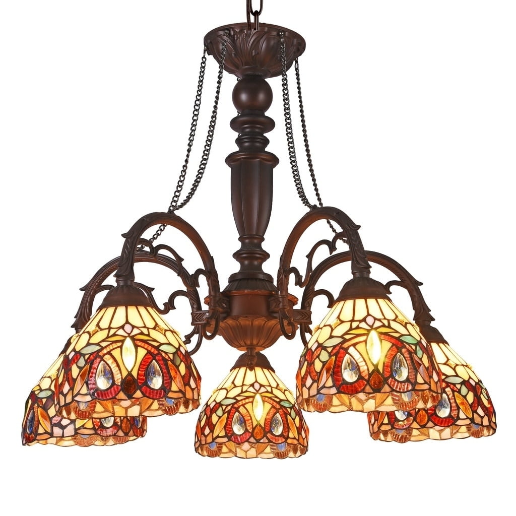Handcrafted Dark Bronze Tiffany Style 5-Light Stained Glass Chandelier