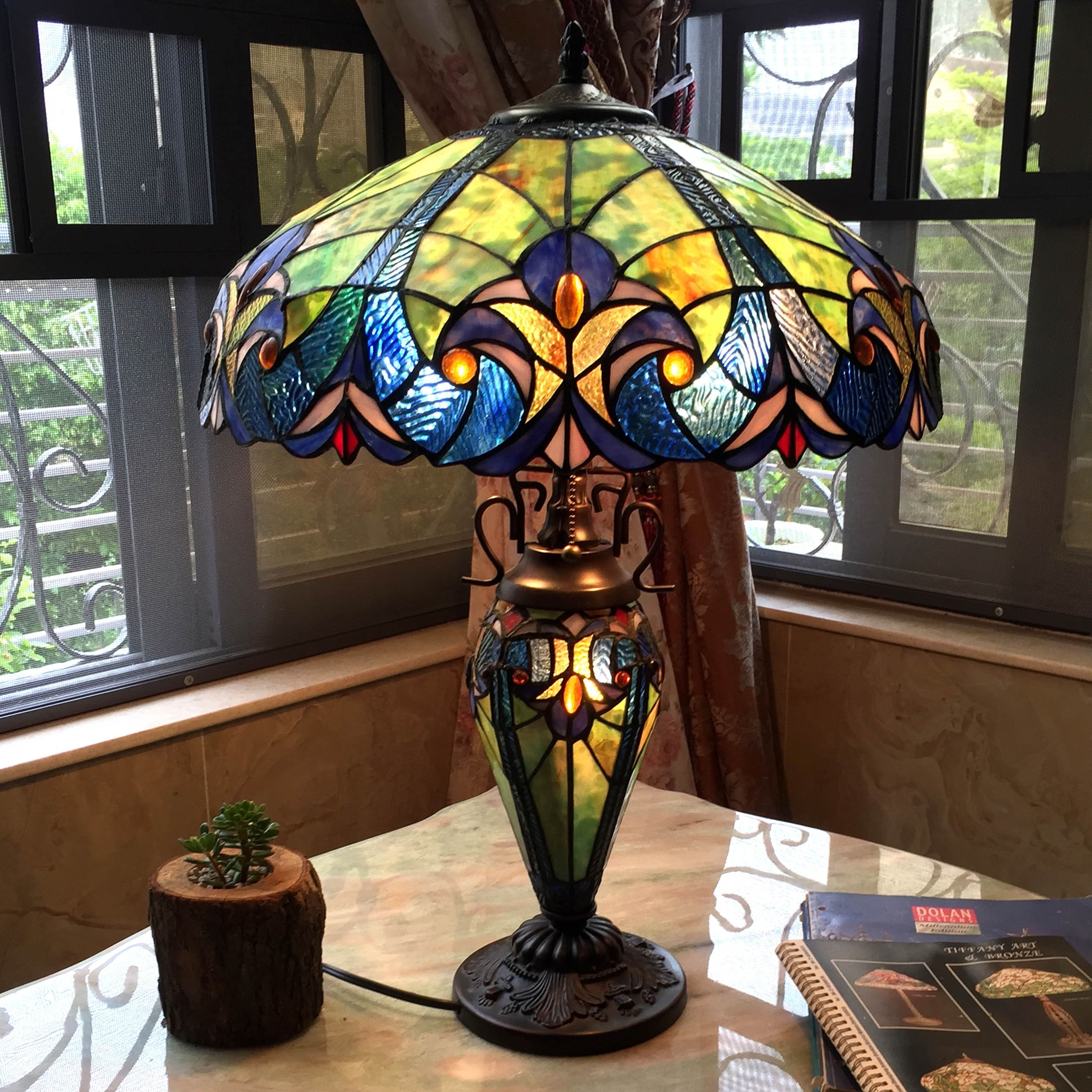Victorian Bronze Stained Glass Double Lit Table Lamp