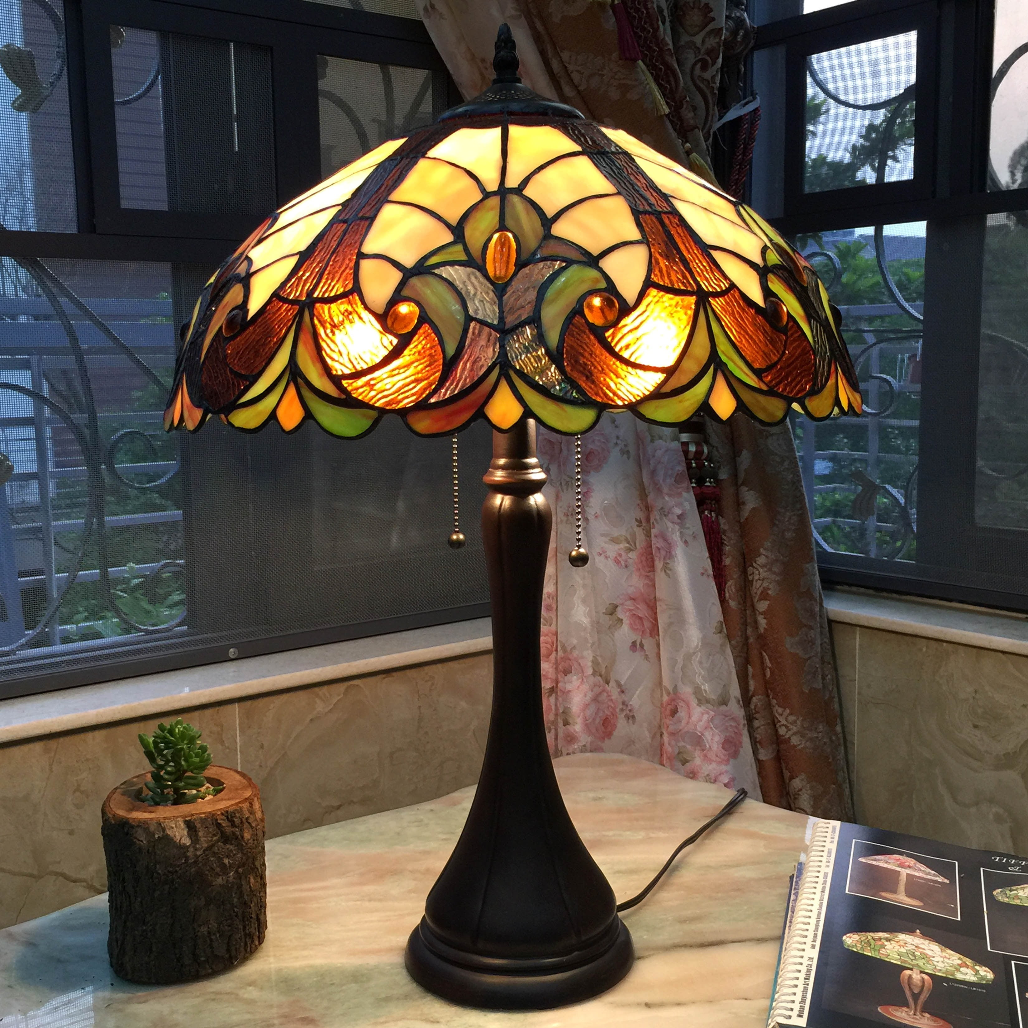 Victorian Style Bronze Table Lamp with Stained Glass Shade