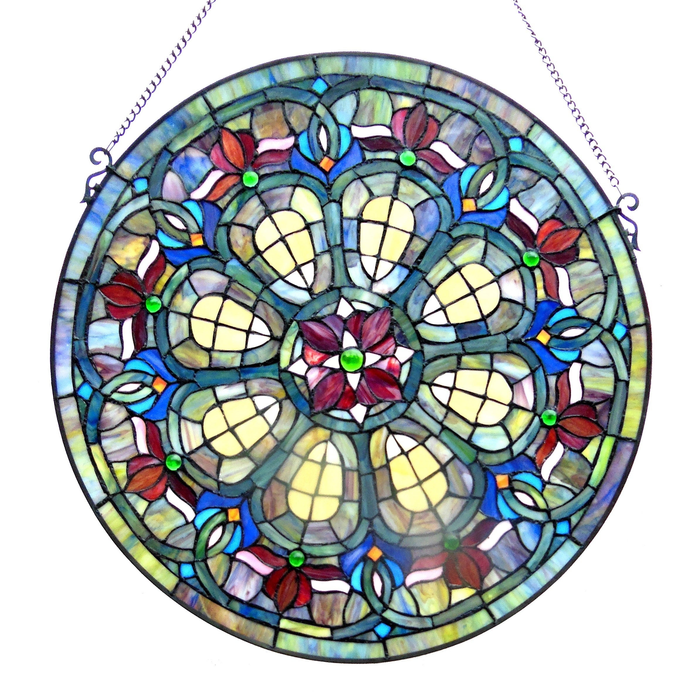 Victorian Style Round Stained Glass Window Panel with Multicolor Design