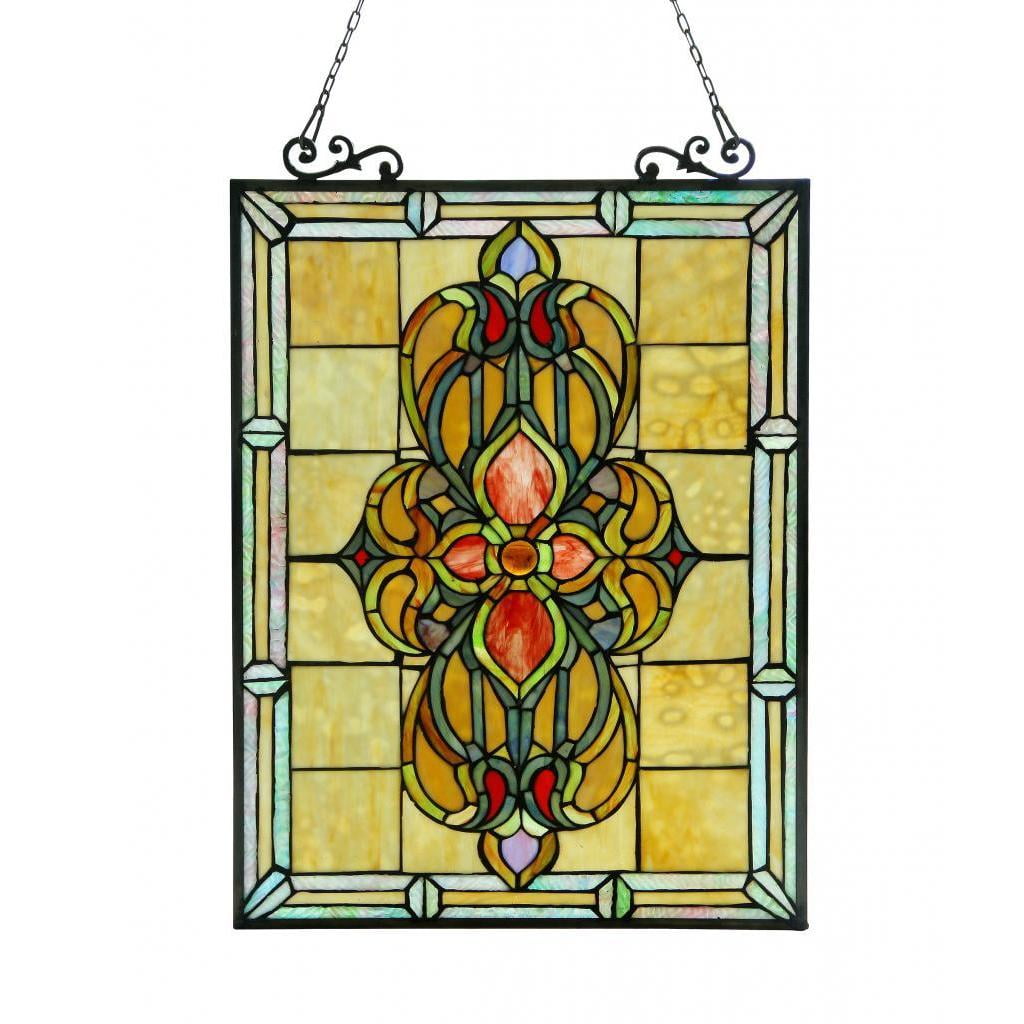 Victorian Amber and Red Tiffany Style Art Glass Panel