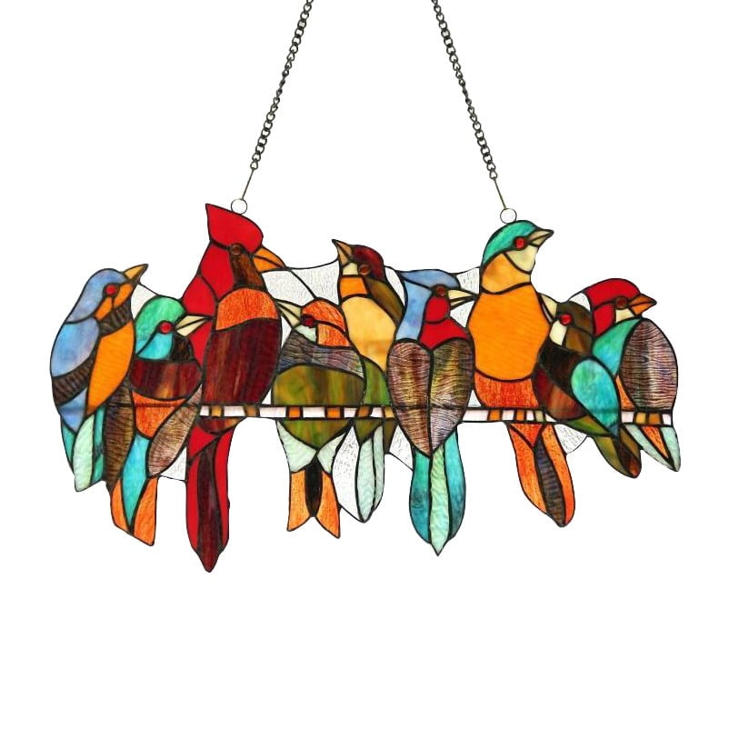 Multi-Colored Stained Glass Bird Window Panel, 23" x 14"