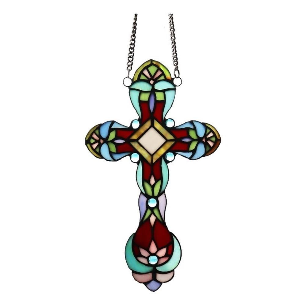 Victorian Tiffany-Style Stained Glass Cross Panel with Copper Chain