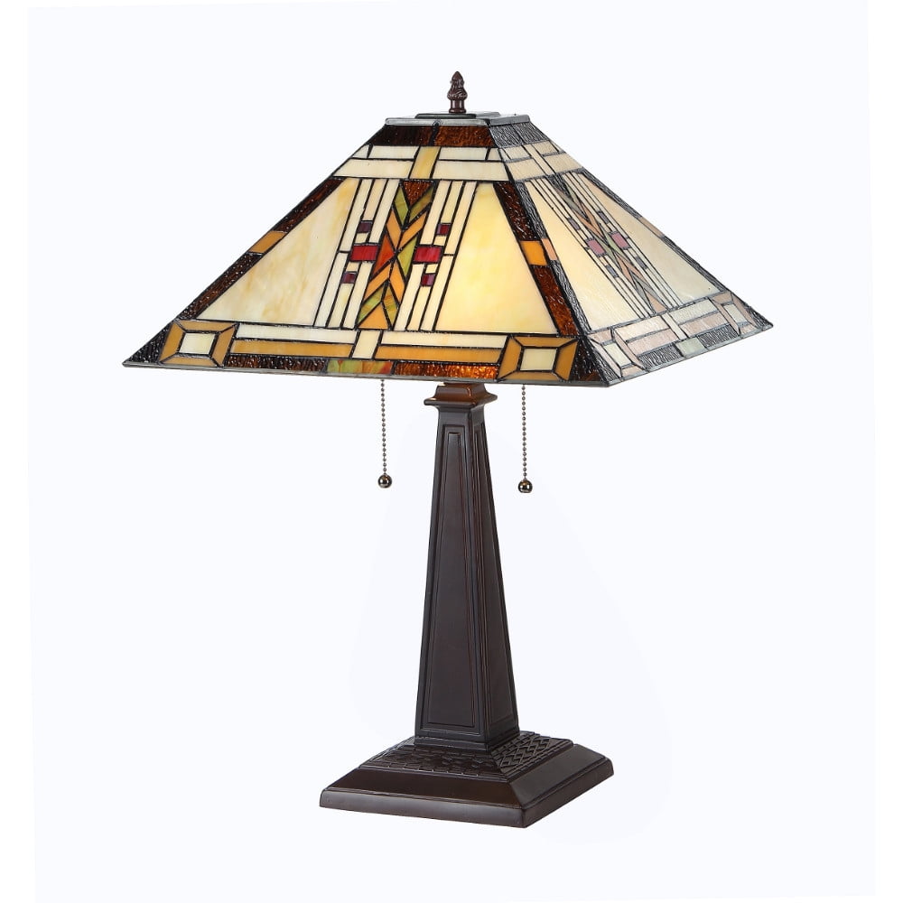 Mission Style Bronze Table Lamp with Stained Glass Shade