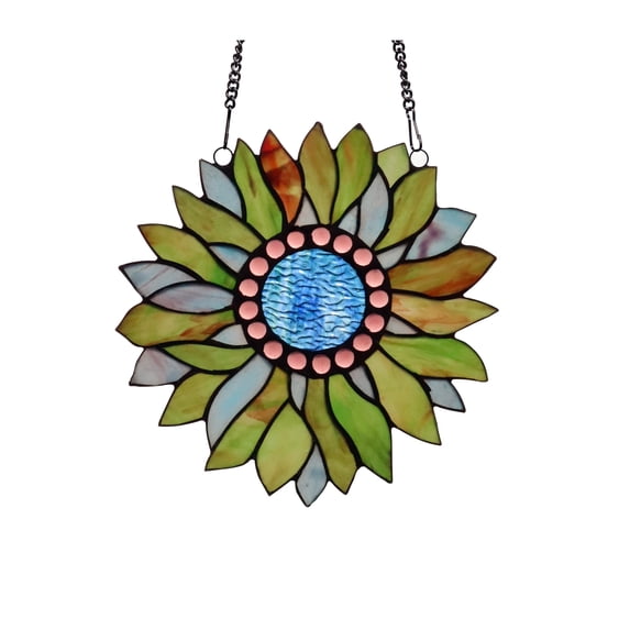 Chloe Lighting Handcrafted Floral Design Vibrant Multicolor Stained Glass Window Panel Blue, Green
